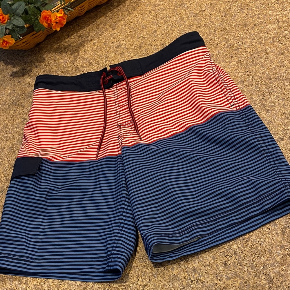 George Bathing Suit Swim Trunks Red White Blue Stripes M 32-34 Patriotic